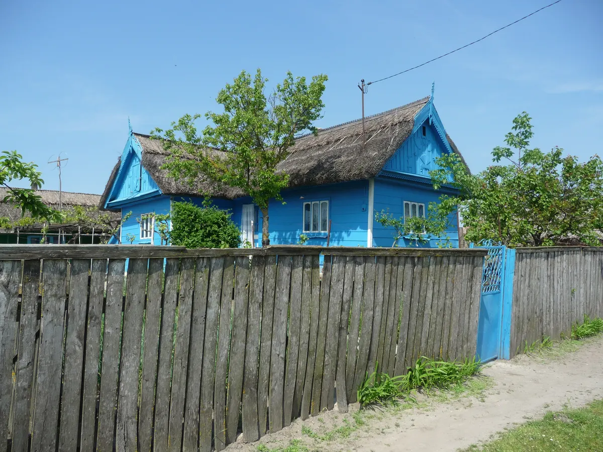 Traditional blue house with a reed roof in Letea village